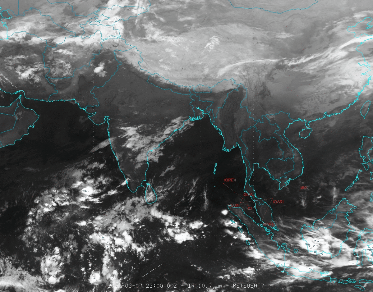 GIF of NORTHERN ARC (China/Pakistan/etc) destinations: 2014-03-08 2330-0200 UTC infrared animation providing an overview of potential northwest destinations. This is for 7-10 hours after takeoff. Bright white cloud indicates cold (typically high) cloud forms, and dark gray delineates warm (i.e. low) cloud types. Lat/long graticule is at 10-degree intervals.